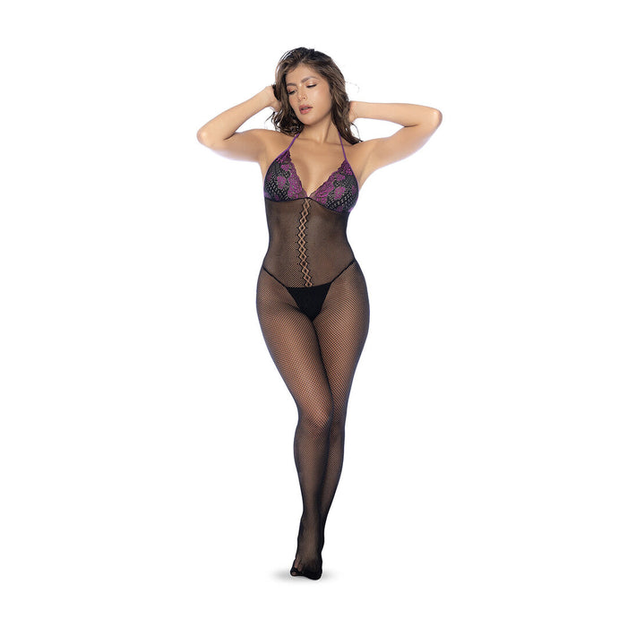 Mapalé Visnet Bodystocking Set Met Kant Zwart & Paars