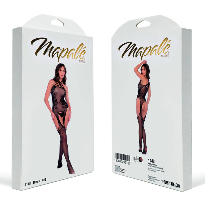 Mapalé Zwarte Visnet Bodystocking Met Rozen