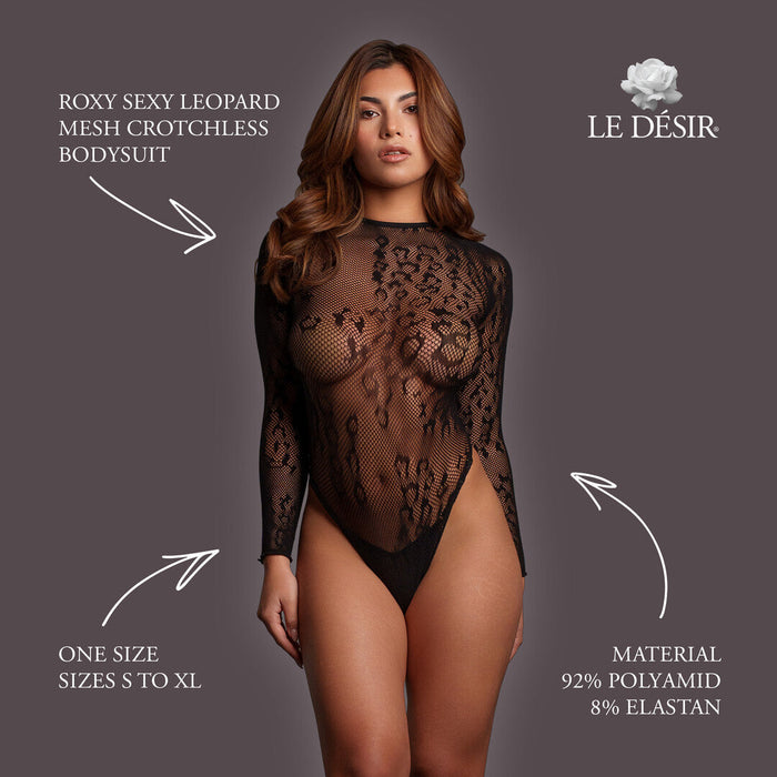 Le Désir Zwarte Leopard Mesh Open Body Met Lange Mouwen