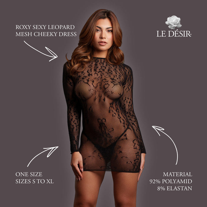Le Désir Zwarte Leopard Mesh Jurk Met Lange Mouwen